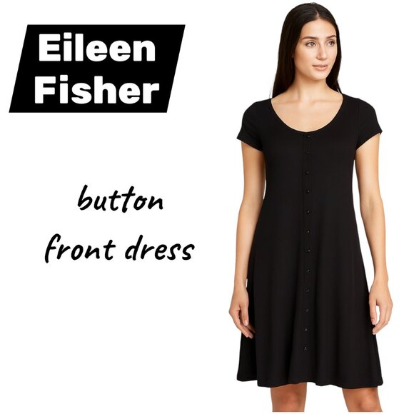 EILEEN FISHER Black Button-Front Shirt Dress – Size SP - Picture 1 of 12